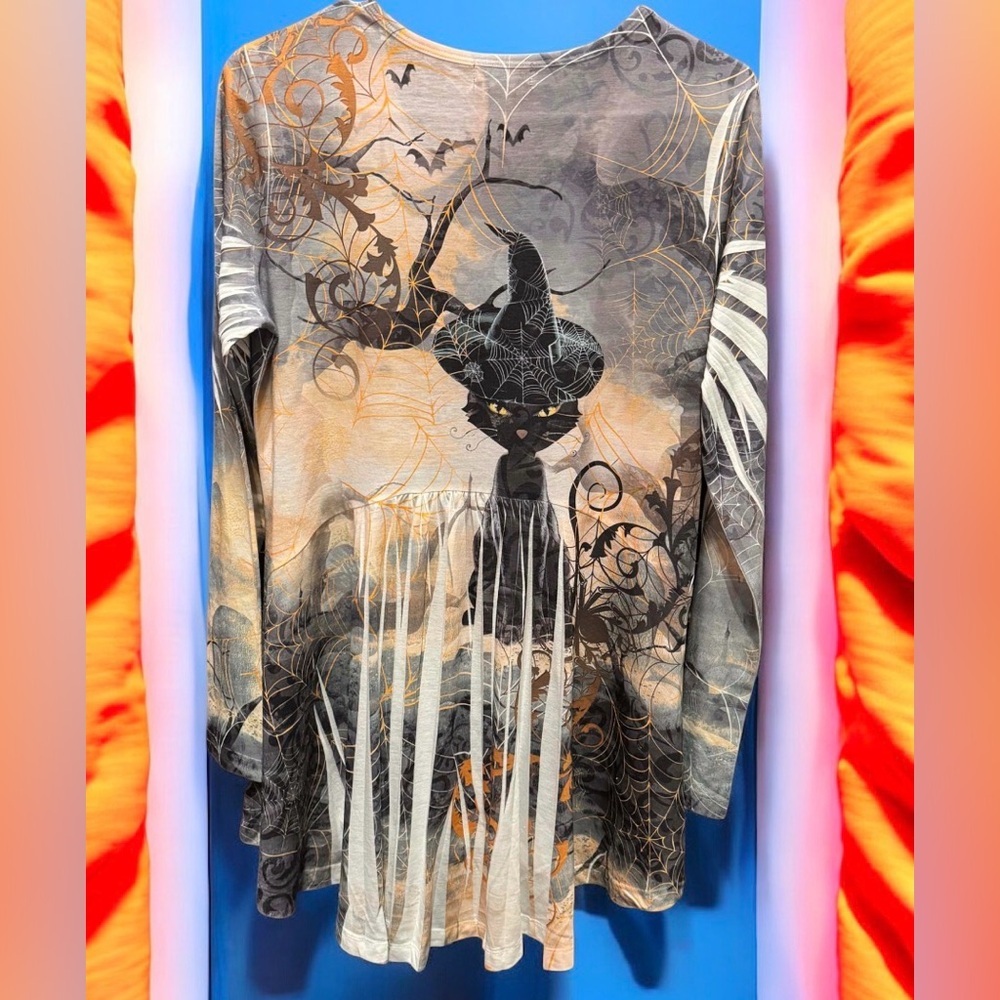 ONE WORLD Witch and Web Long Sleeve Top - Gray and Orange oversized MEDIUM - Picture 2 of 7
